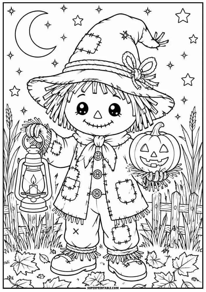 A scarecrow holds a lantern and jack o lantern under the moon and stars.