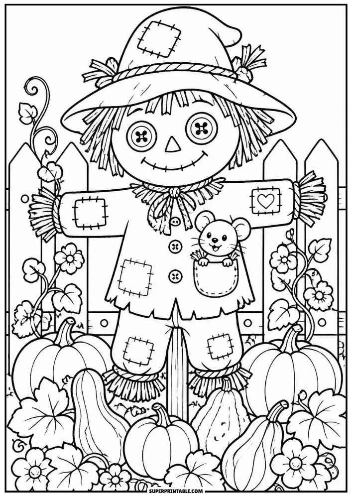 A scarecrow with a mouse in its pocket stands among pumpkins and flowers.