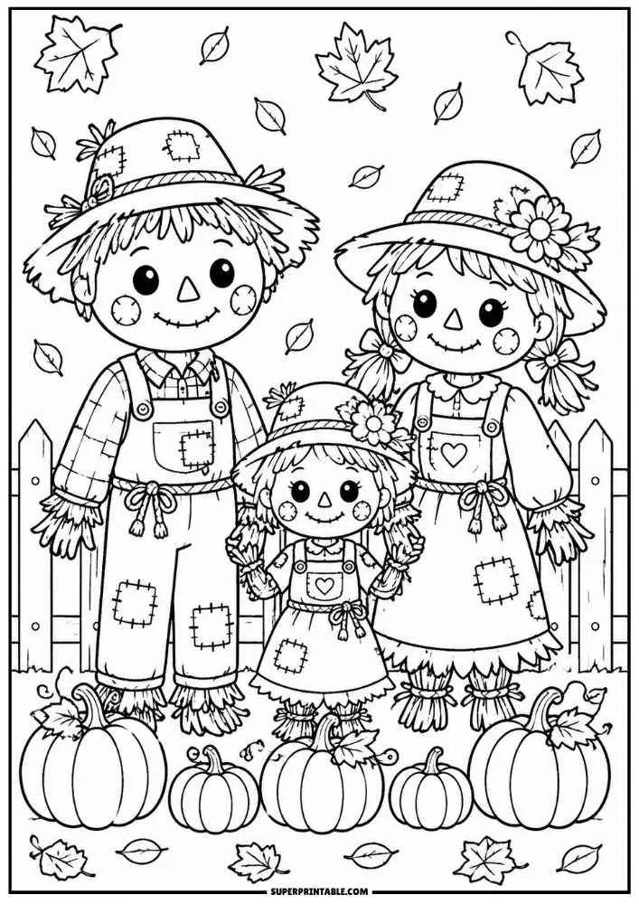 Three scarecrows stand together with pumpkins, fence, and falling leaves.