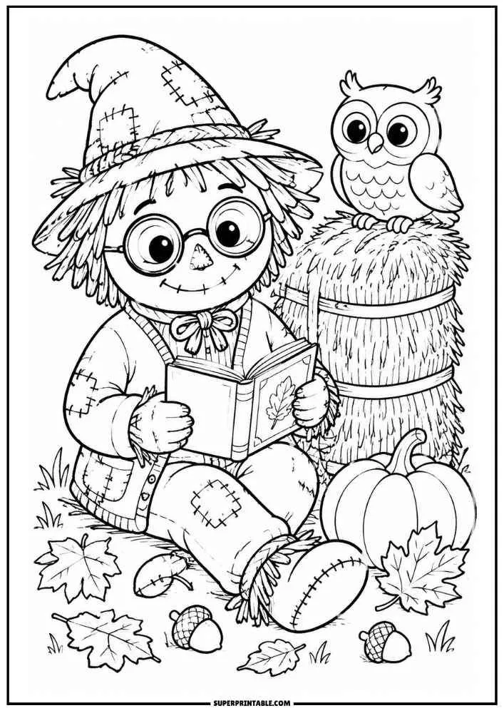 A scarecrow reads a book beside an owl, hay bale, pumpkin, and leaves.