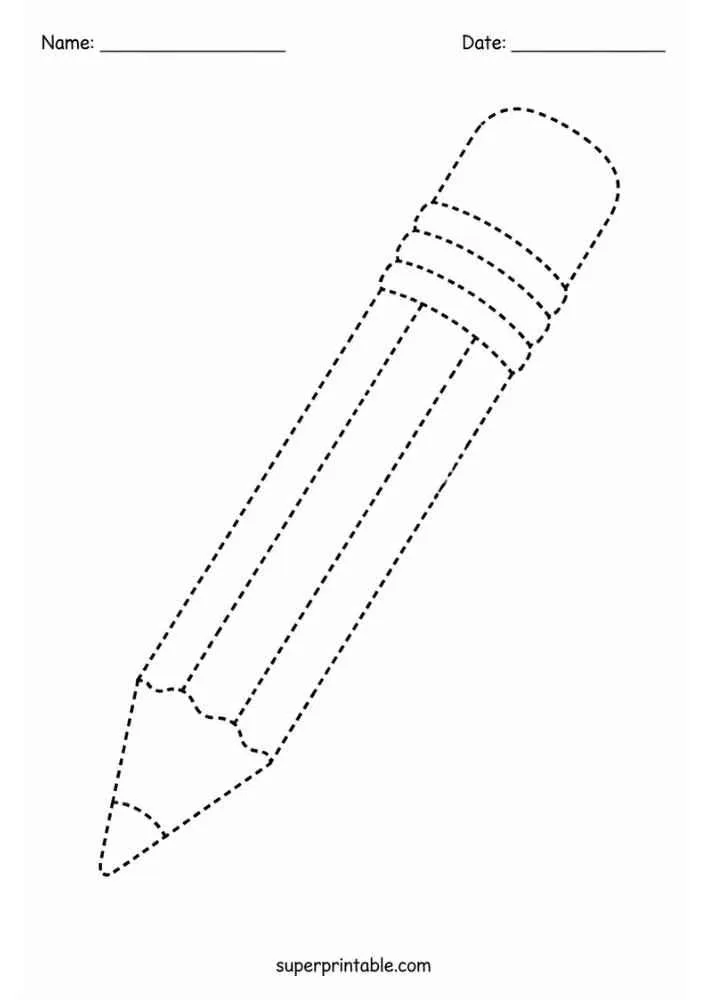 Dashed outline of a large pencil with Name and Date lines.