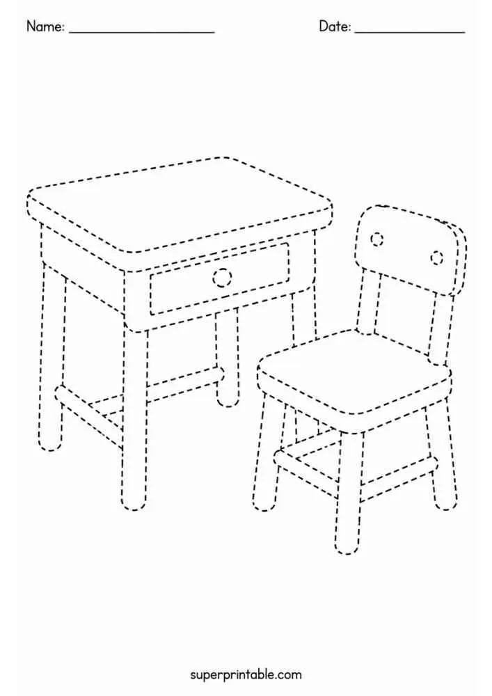Dashed outline of a desk and chair with Name and Date lines.