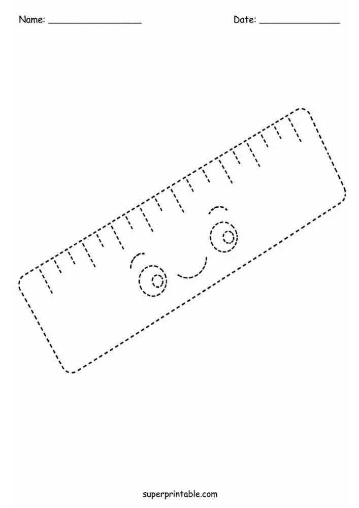 Dashed outline of a smiling ruler with Name and Date lines.