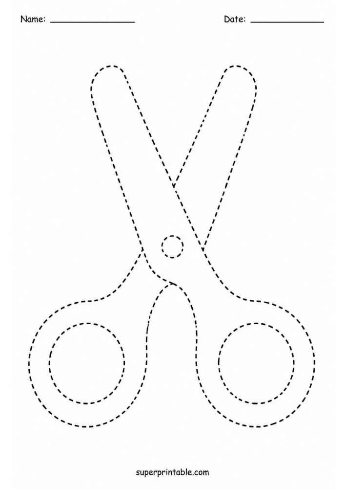 Dashed outline of safety scissors with Name and Date lines.