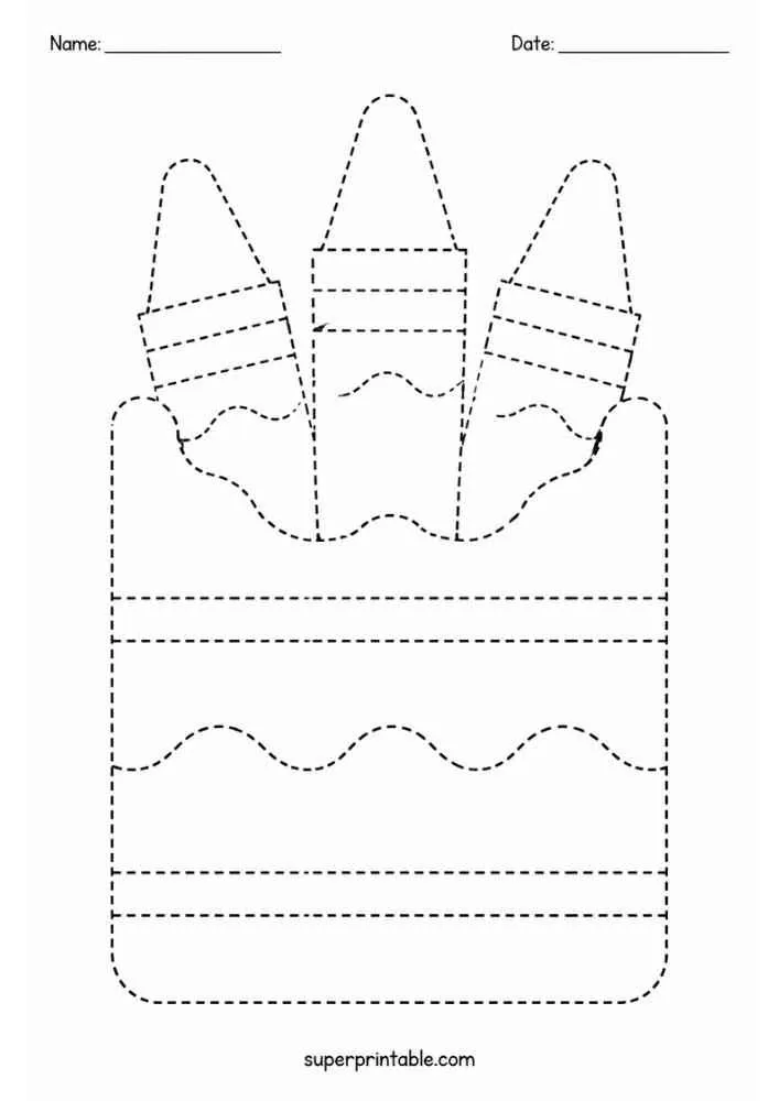 Dashed outline of a crayon box with three crayons.