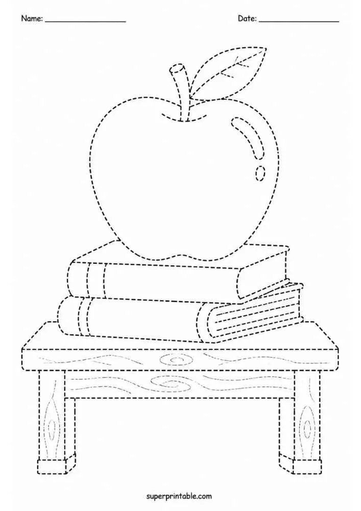 Dashed outline of an apple on books with Name and Date lines.