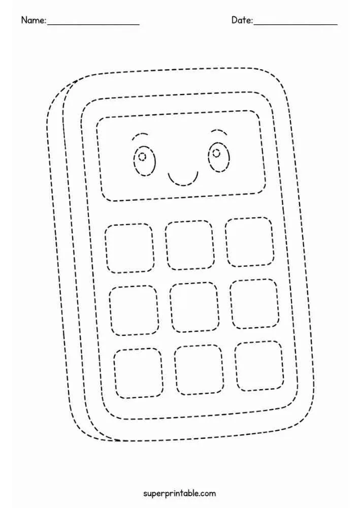 Dashed outline of a smiling calculator with Name and Date lines.