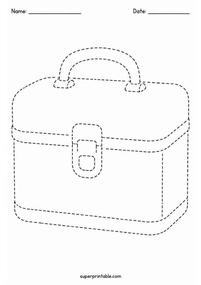 Dashed outline of a school lunch box with Name and Date lines.