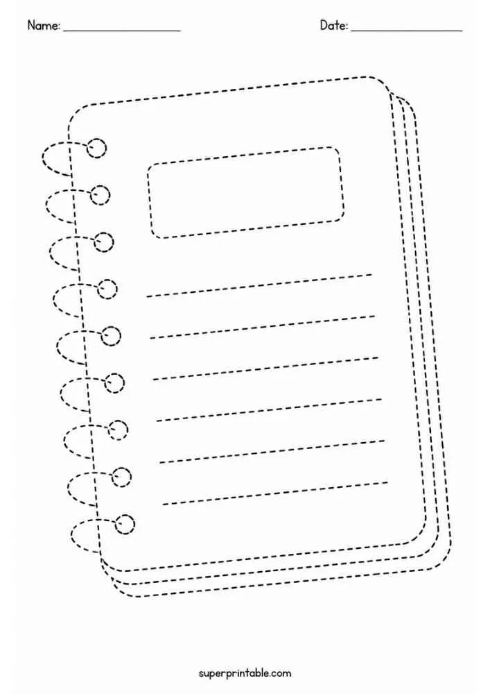 Dashed outline of a spiral notebook with Name and Date lines.
