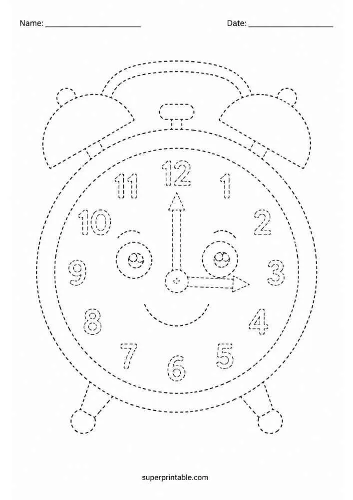 Dashed outline of a smiling alarm clock with Name and Date lines.