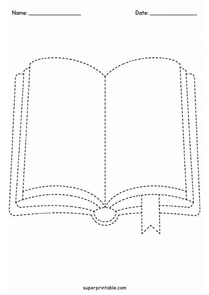 Dashed outline of an open book with Name and Date lines.