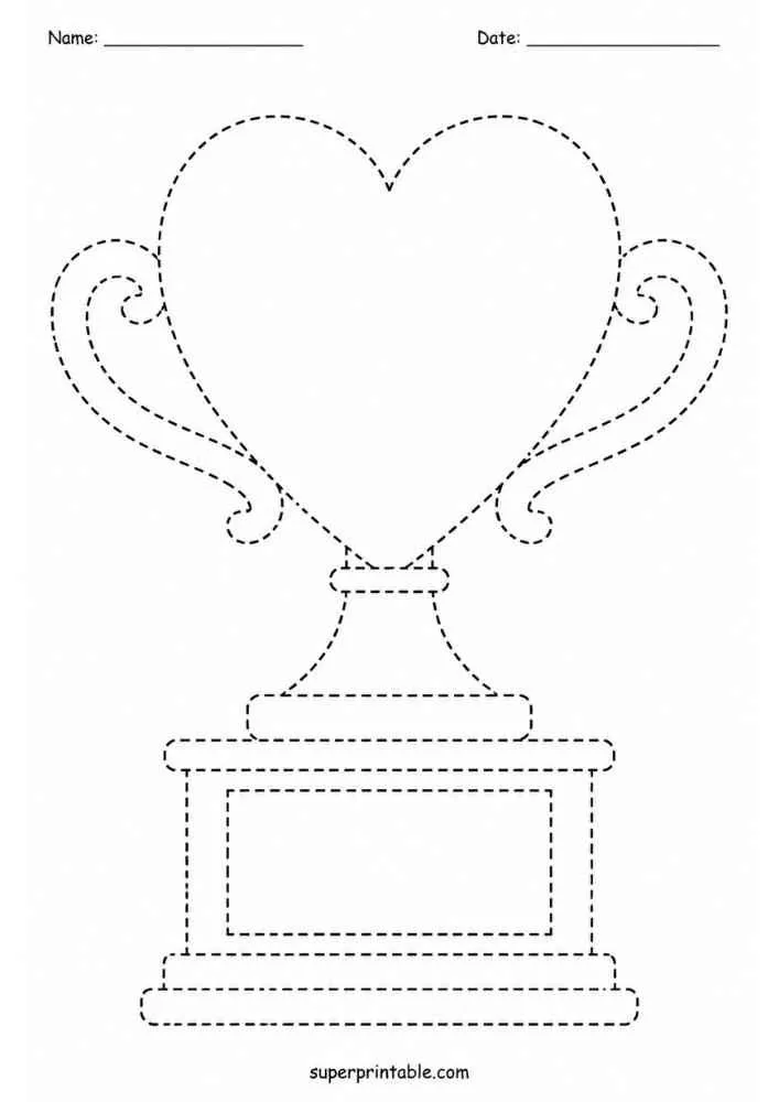Dashed outline of a heart shaped trophy with Name and Date lines.