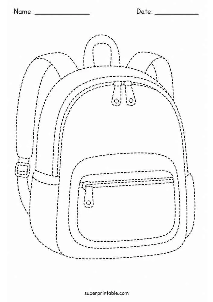 Dashed outline of a school backpack with Name and Date lines.