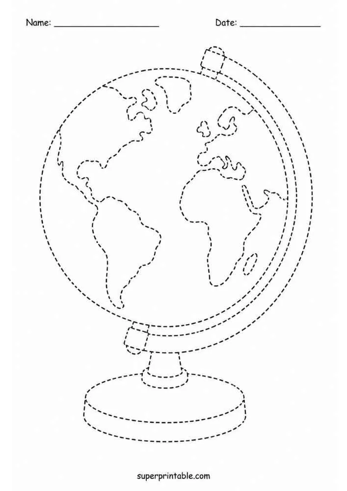 Dashed outline of a classroom globe with Name and Date lines.