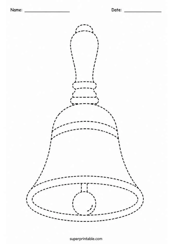 Dashed outline of a school bell with Name and Date lines.