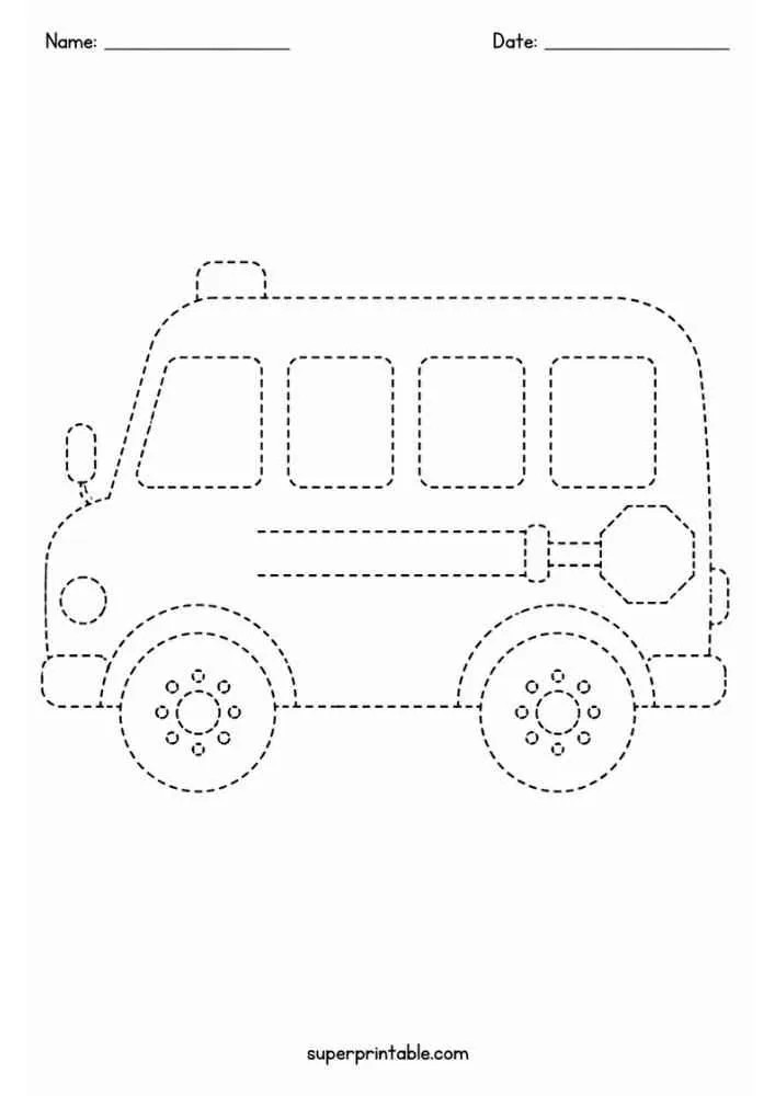 Dashed outline of a school bus with Name and Date lines.