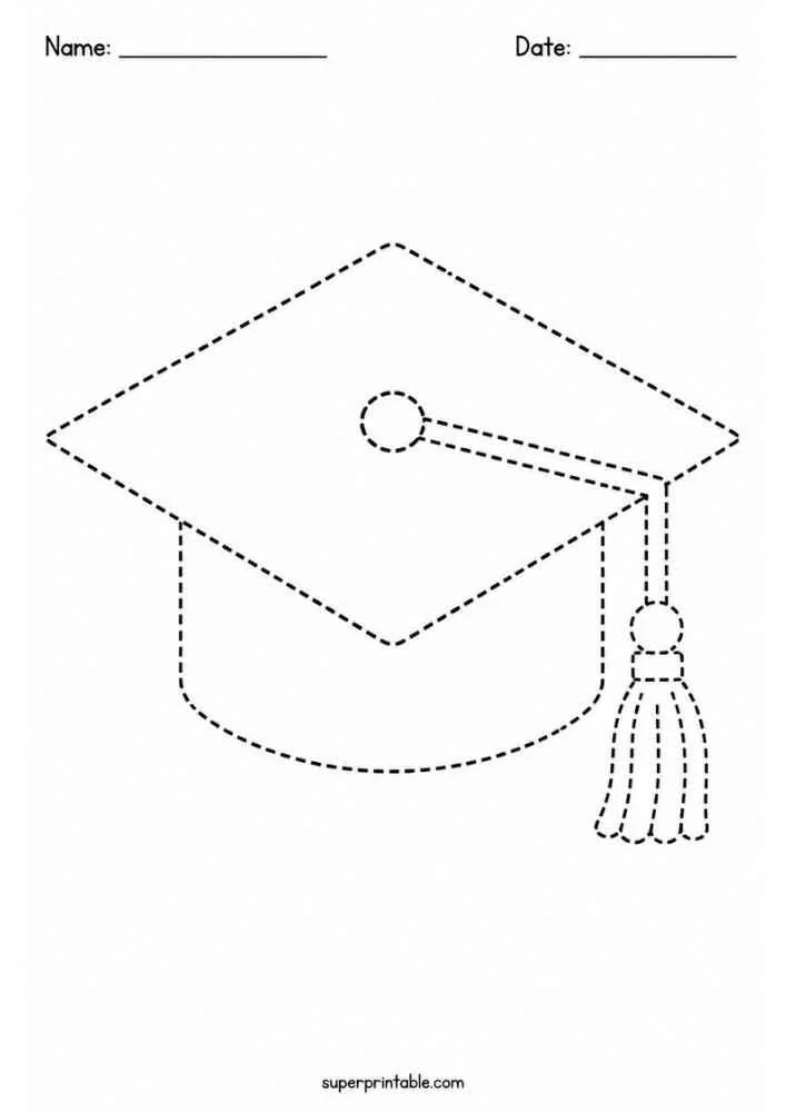 Dashed outline of a graduation cap with Name and Date lines.