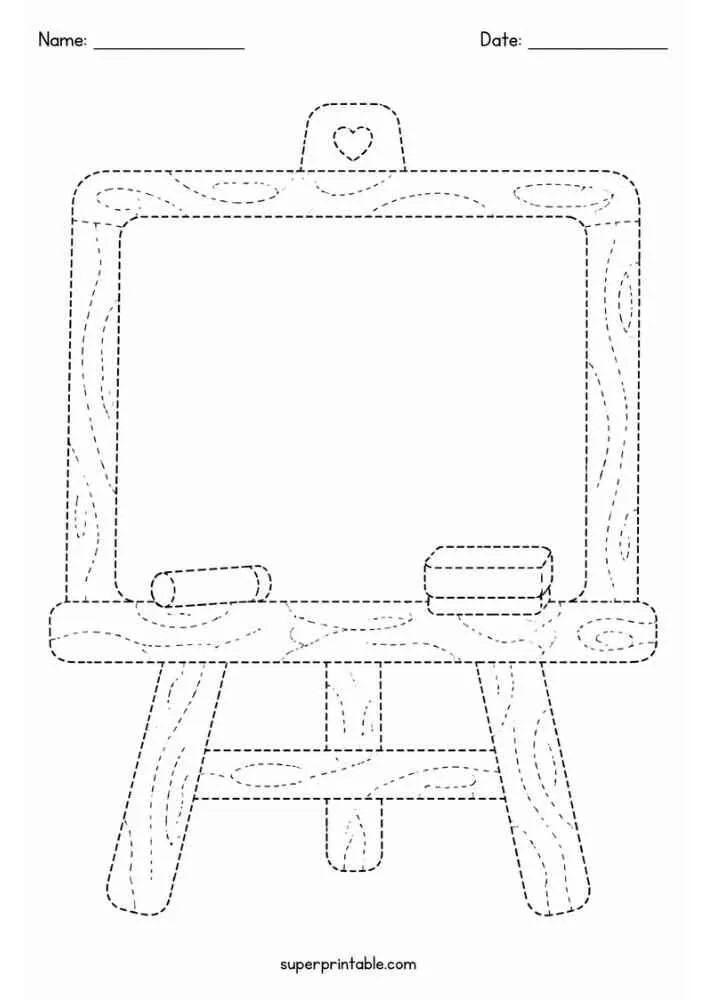 Dashed outline of a classroom chalkboard with Name and Date lines.