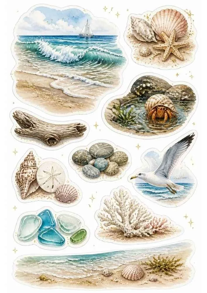 Beach themed stickers with shells, coral, sea glass, waves, seagull, hermit crab, and ocean shoreline.