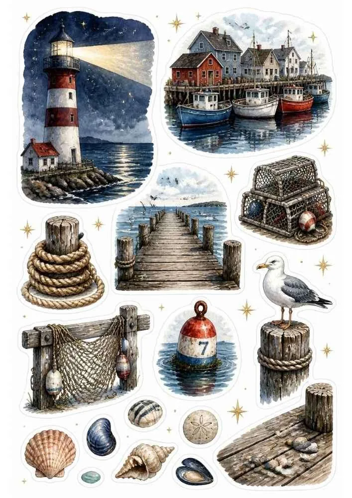 Lighthouse, fishing boats, dock, seagull, buoy, lobster trap, shells, and harbor stickers.