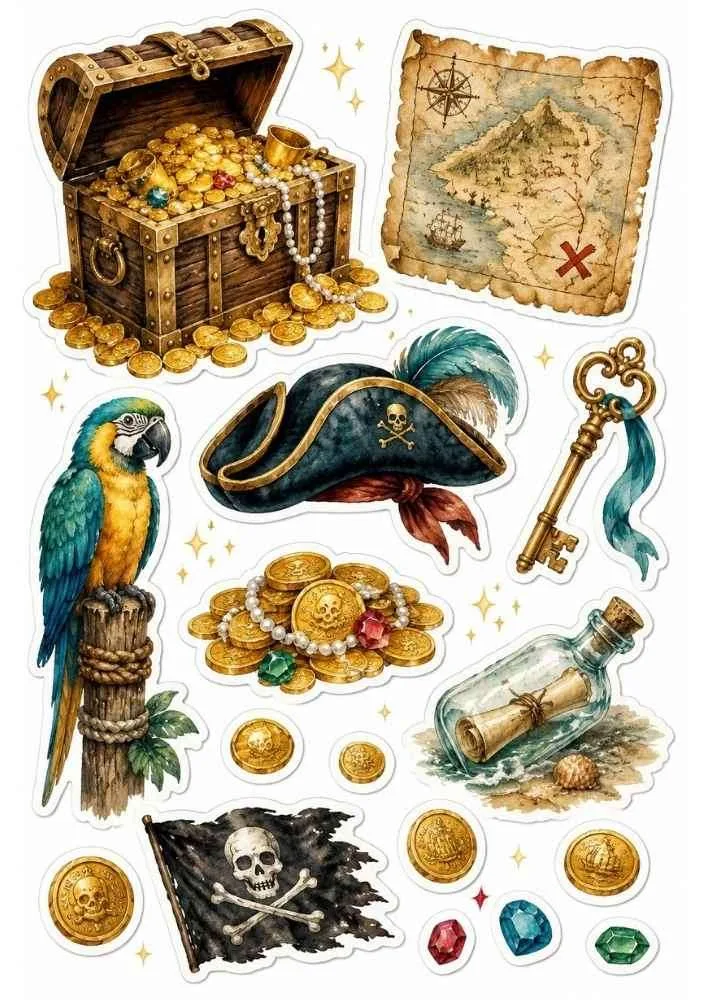 Pirate treasure chest, map, parrot, pirate hat, key, coins, gems, bottle, and pirate flag.