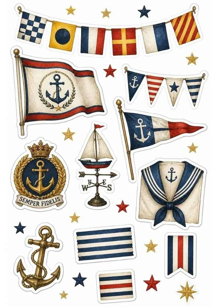 Nautical flags, anchor symbols, sailor collar, crest, pennants, and maritime themed stickers.
