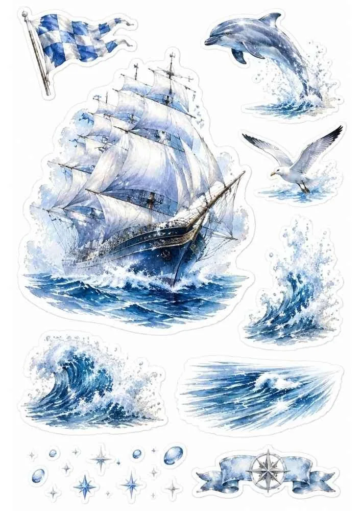 Sailing ship, dolphin, seagull, waves, flag, compass ribbon, and ocean themed stickers.