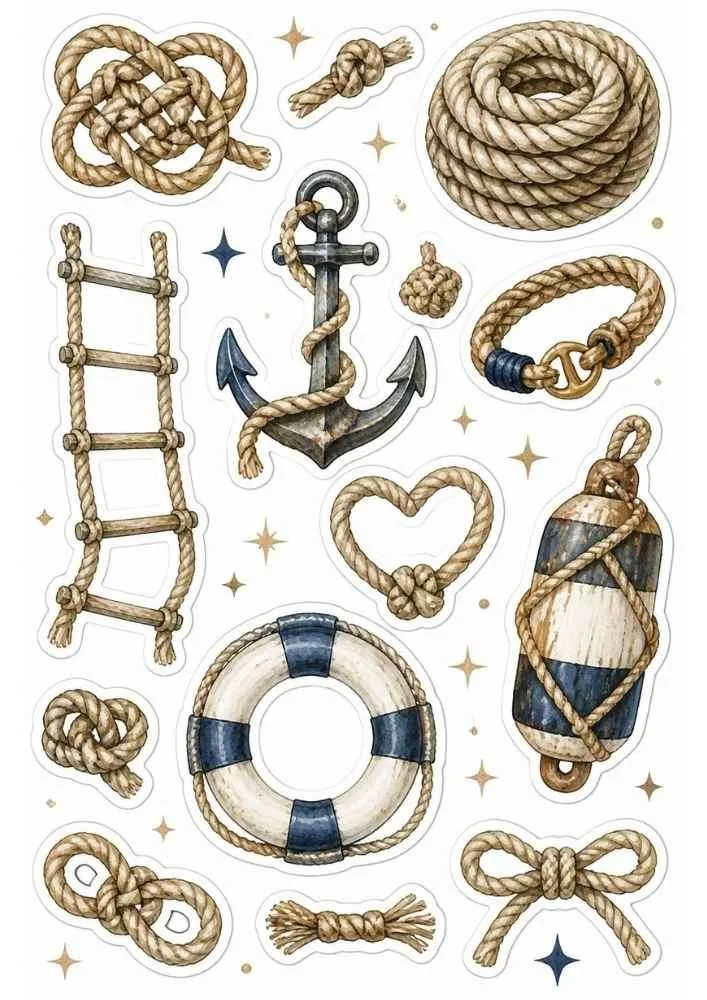 Nautical stickers with ropes, knots, anchor, ladder, life ring, buoy, and rope decorations.