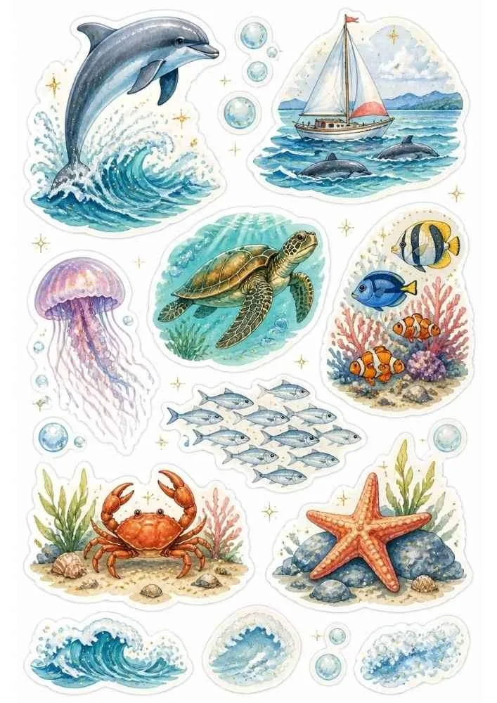 Dolphin, turtle, jellyfish, fish, crab, starfish, waves, and sailboat ocean stickers.
