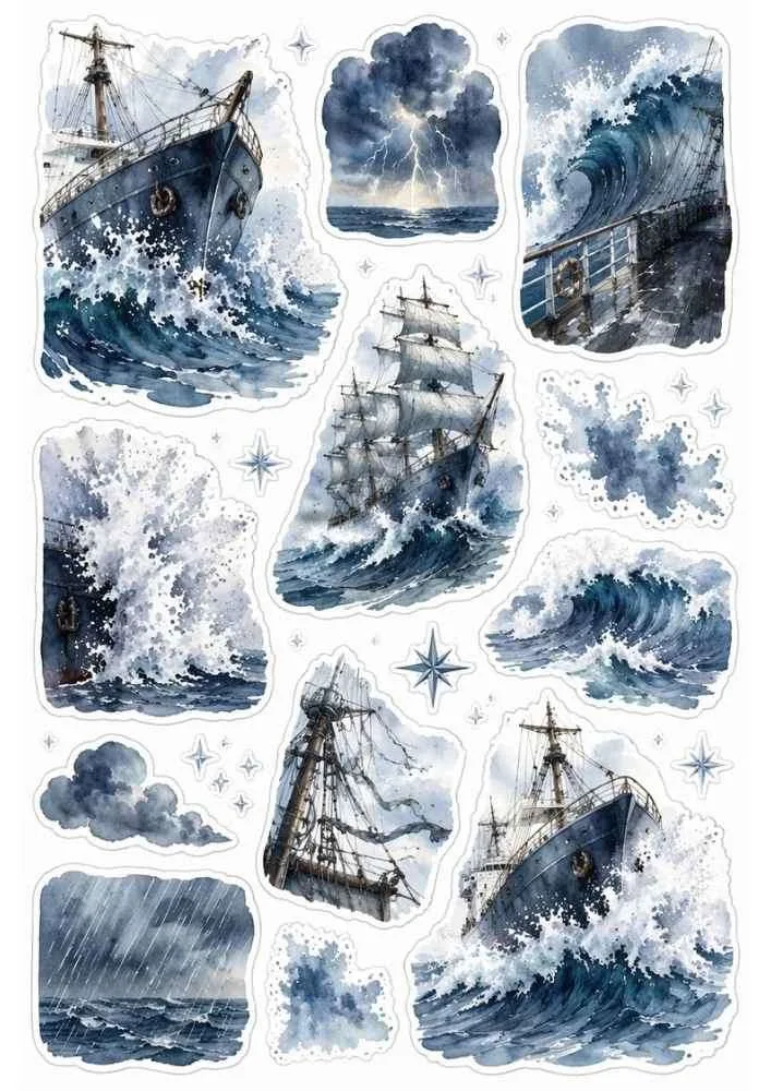 Sailing ships, storm clouds, waves, rain, and rough sea themed stickers.