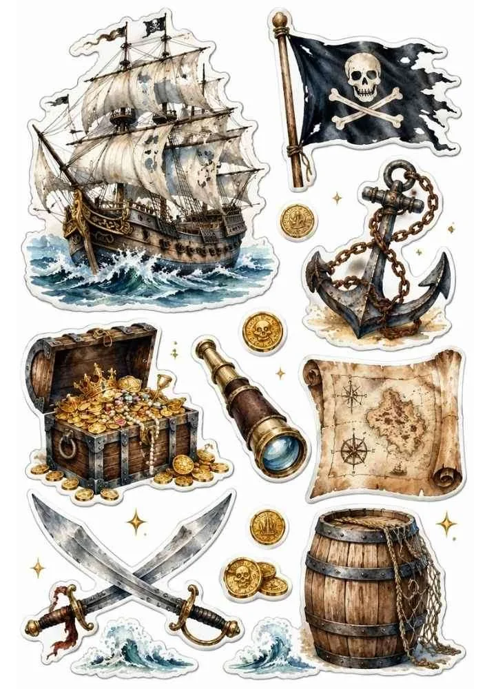 Pirate ship, treasure chest, map, swords, anchor, pirate flag, barrel, and gold coins.