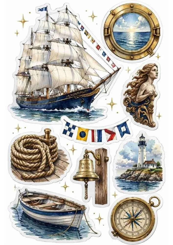 Tall ship, lighthouse, rowboat, compass, rope, bell, porthole, and nautical stickers.