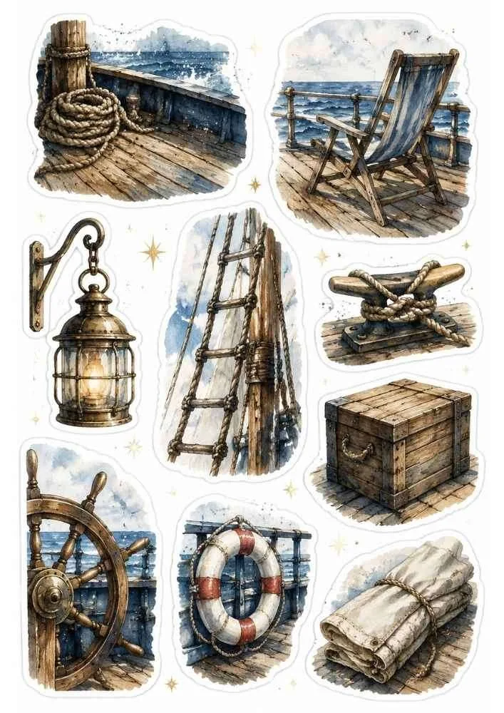 Dock lantern, ladder, rope, crate, life ring, chair, and wooden pier themed stickers.