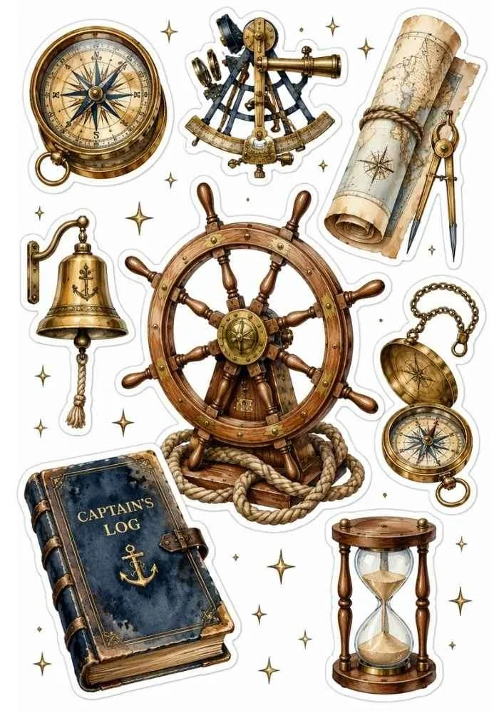 Ship wheel, compass, sextant, maps, captain's log, hourglass, and navigation tool stickers.