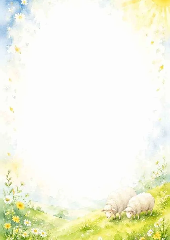 Watercolor border with two sheep grazing in a sunny meadow filled with wildflowers.