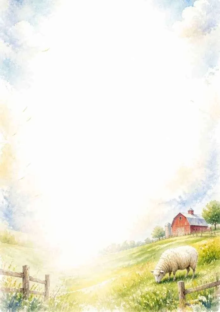 Watercolor farm border with a sheep, red barn, silo, and wooden fence.