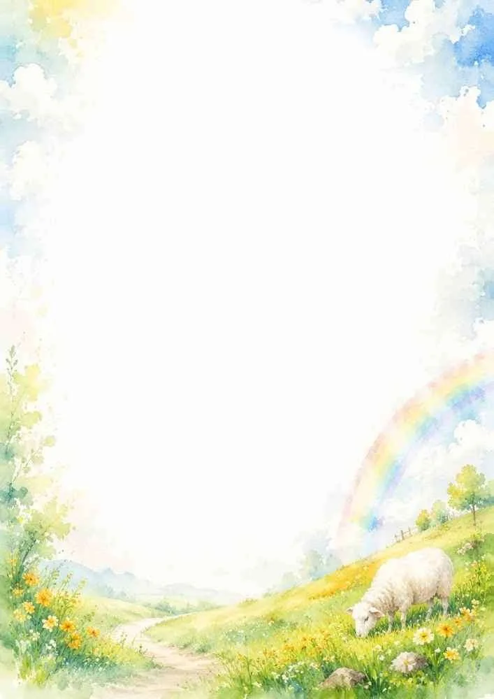 Watercolor border with a sheep grazing beneath a rainbow in a flower-filled meadow.