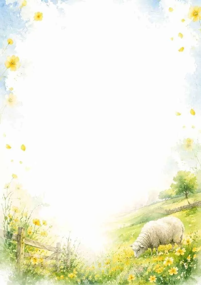 Watercolor border with a sheep, yellow wildflowers, and a rustic wooden gate.