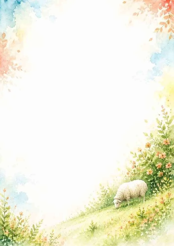 Watercolor border with a sheep grazing beside flowering bushes on a green hillside.