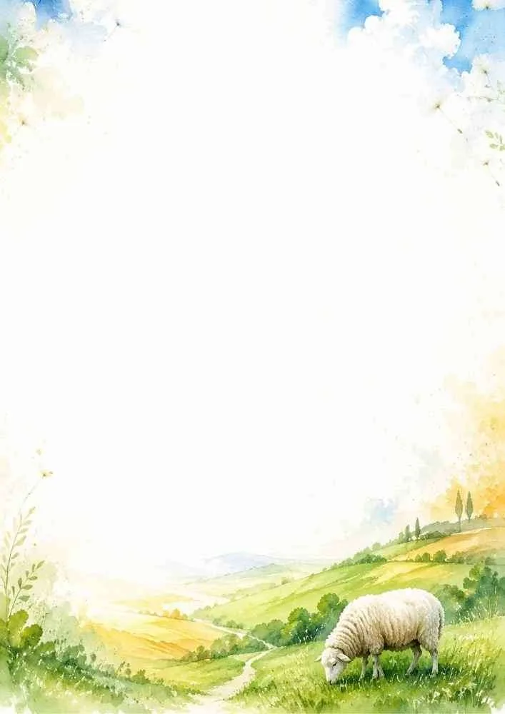 Watercolor border with a sheep grazing on a hillside overlooking a peaceful green valley.