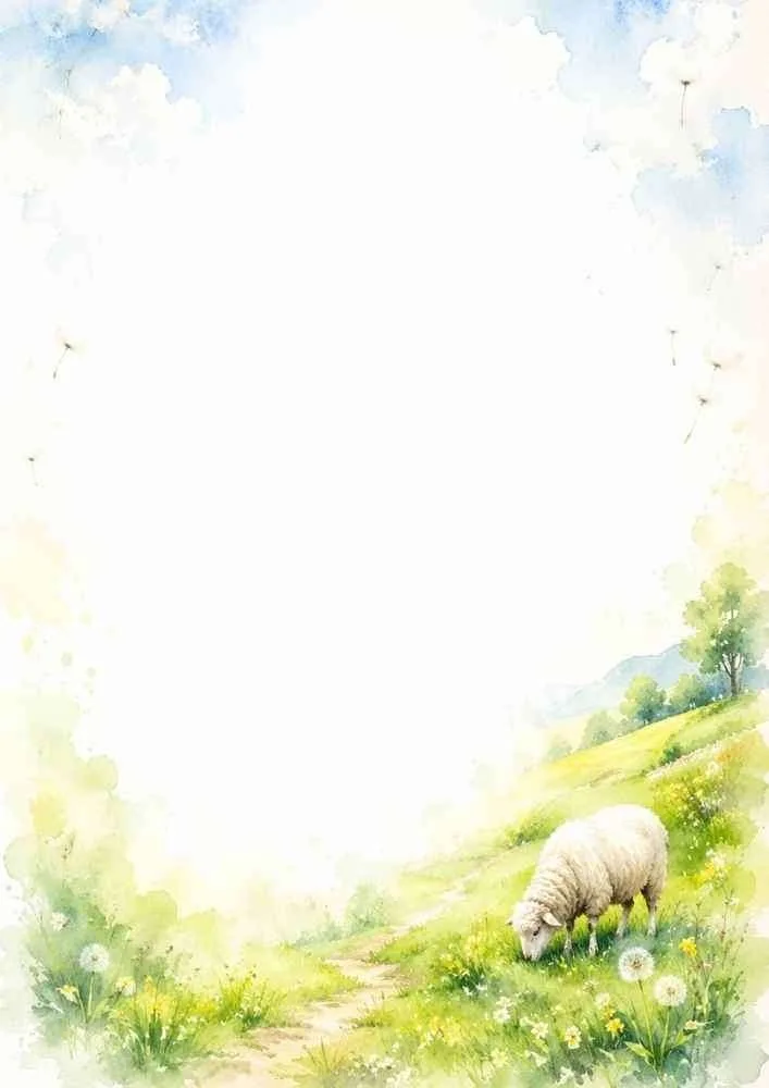 Watercolor countryside border with a sheep grazing beside a winding path and wildflowers.