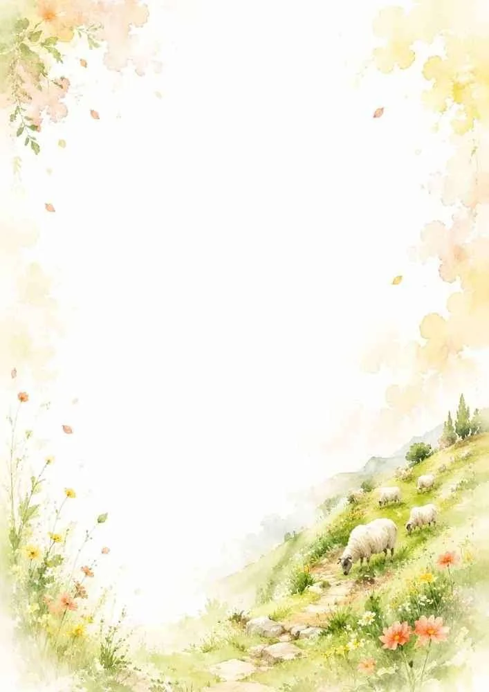 Watercolor border with sheep on rolling hills surrounded by colorful wildflowers.