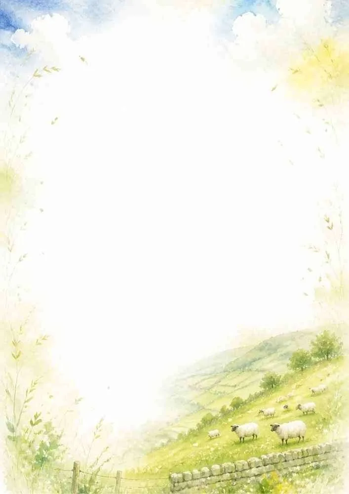 Watercolor border with grazing sheep, rolling hills, and a rustic stone wall.