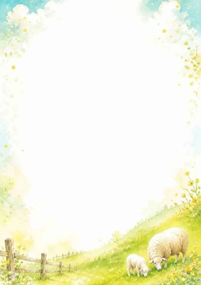 Watercolor meadow border with a sheep and lamb grazing among colorful flowers.