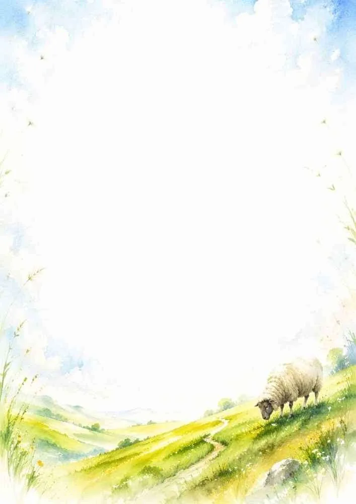 Watercolor border with a sheep grazing on rolling green hills beside a winding trail.