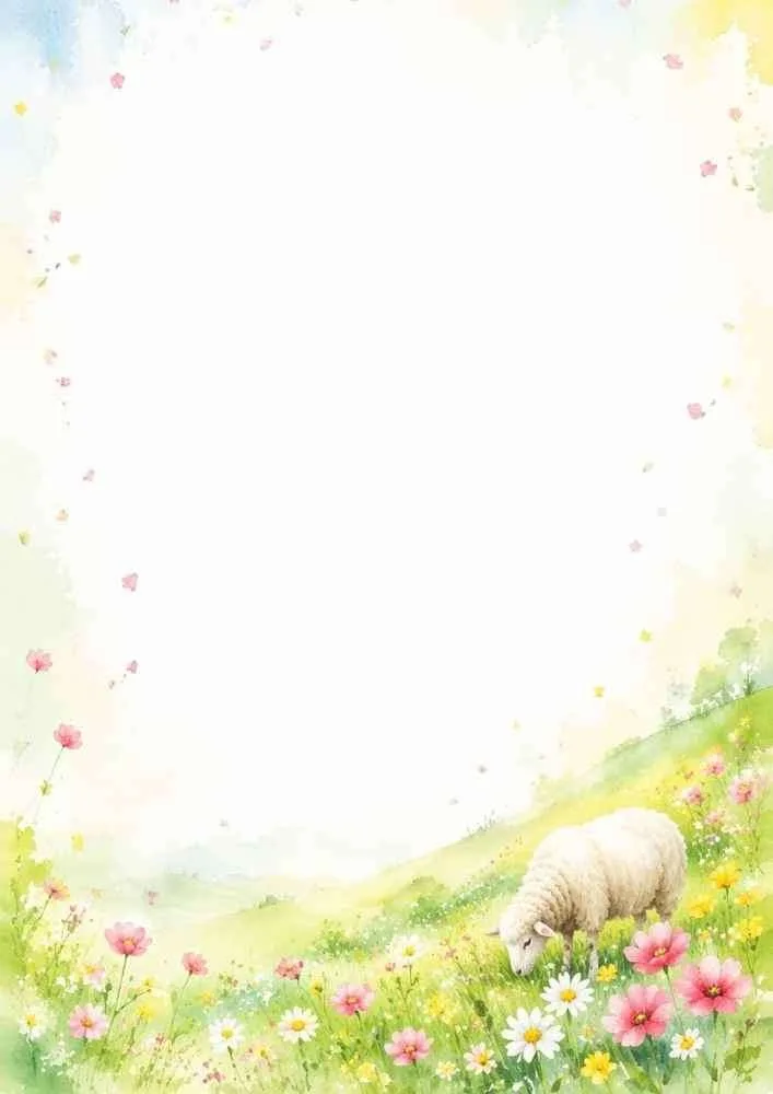 Watercolor spring border with a sheep grazing among pink blossoms and wildflowers.