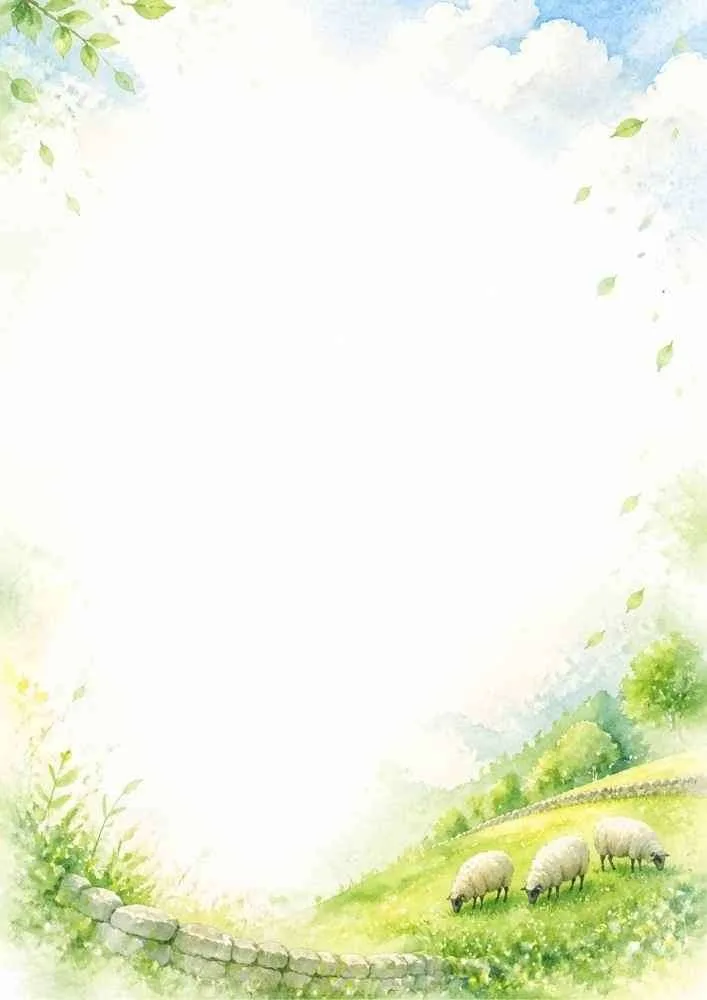 Watercolor countryside border with sheep grazing behind a stone fence.
