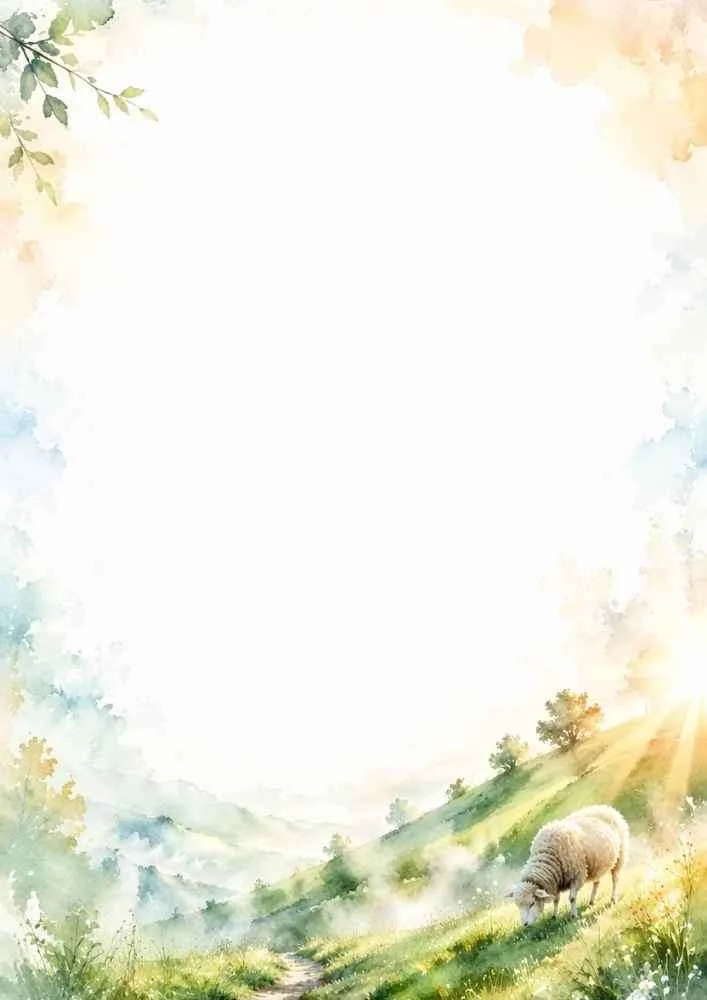 Watercolor border with a sheep grazing on a misty hillside at sunrise.