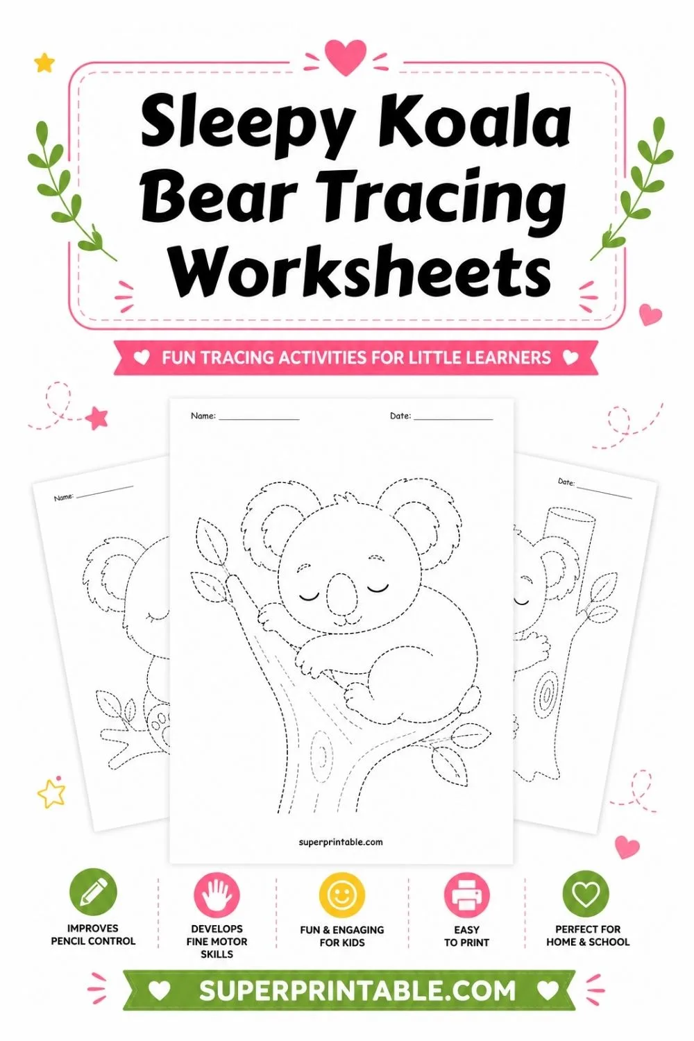 Sleepy Koala Bear Tracing Worksheets Pinterest Image
