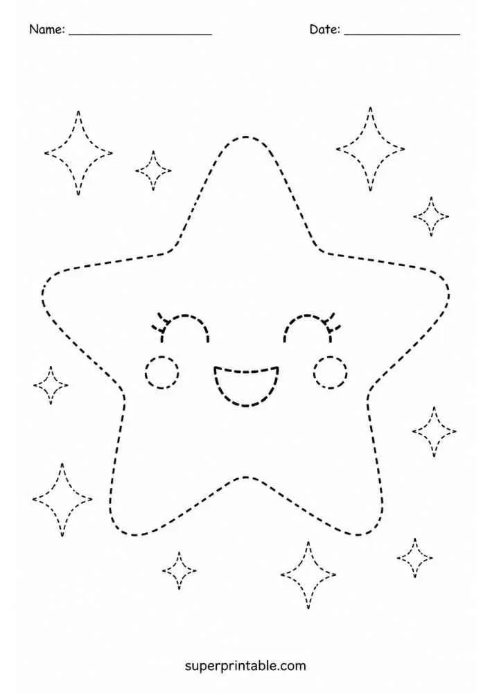 Dashed smiling star with small stars, plus name and date lines.
